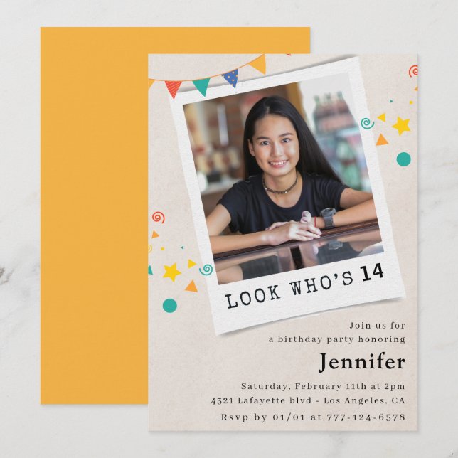 Cartes d'invitation simples pour 14 ans Fille Oran (Devant / Derrière)