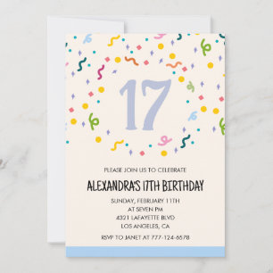 Cartes d'invitation simples pour 17 ans Confettis 