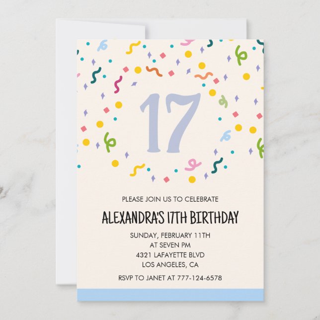 Cartes d'invitation simples pour 17 ans Confettis  (Devant)