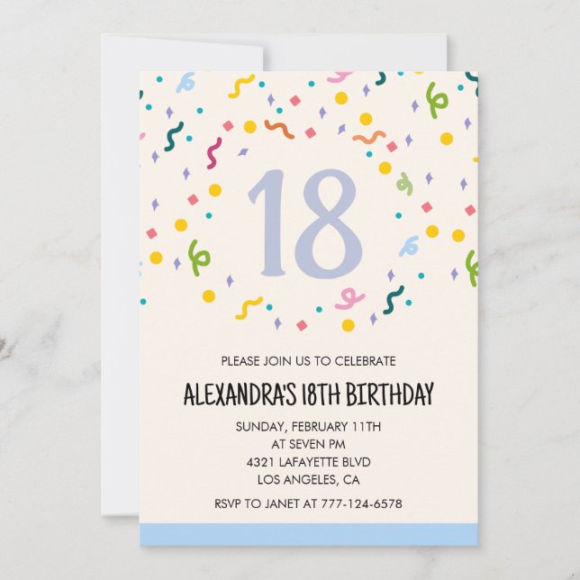 Cartes d'invitation simples pour 18 ans Confetti M (Devant)