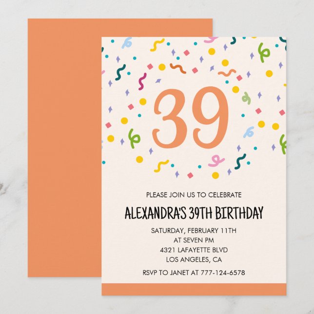 Cartes d'invitation simples pour 39e anniversaire  (Devant / Derrière)