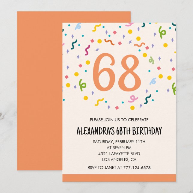 Cartes d'invitation simples pour 68e anniversaire  (Devant / Derrière)