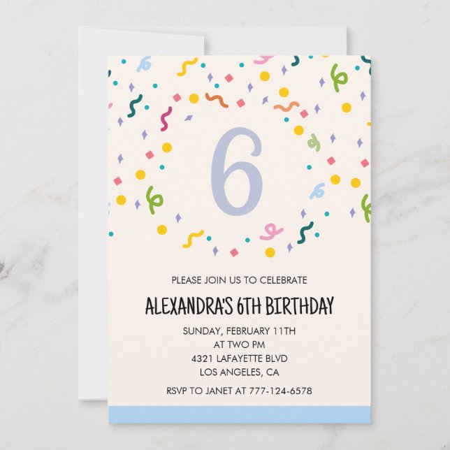 Cartes d'invitation simples pour 6ème anniversaire (Devant)