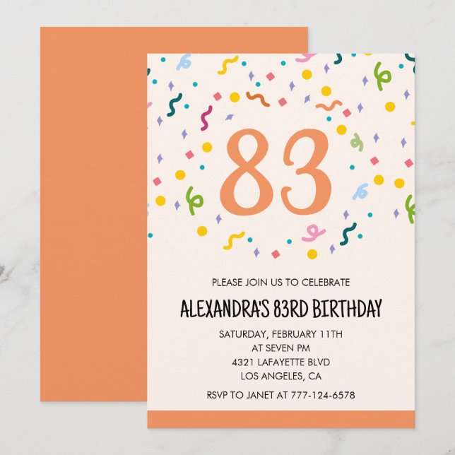 Cartes d'invitation simples pour 83e anniversaire  (Devant / Derrière)