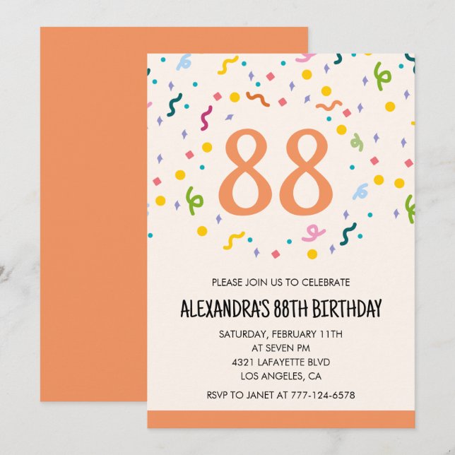 Cartes d'invitation simples pour 88e anniversaire  (Devant / Derrière)