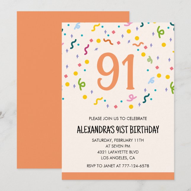 Cartes d'invitation simples pour 91e anniversaire  (Devant / Derrière)