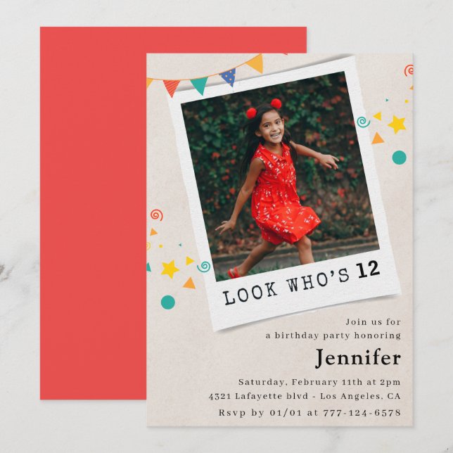 Cartes d'invitation simples pour les 12 ans d'une  (Devant / Derrière)