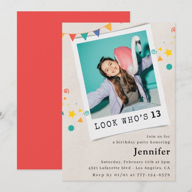 Cartes d'invitation simples pour les 13 ans fille  (Devant / Derrière)