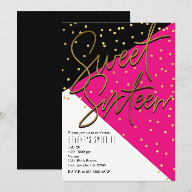 Cartes d'invitation Sweet 16 bloc de couleur rose  (Devant / Derrière)
