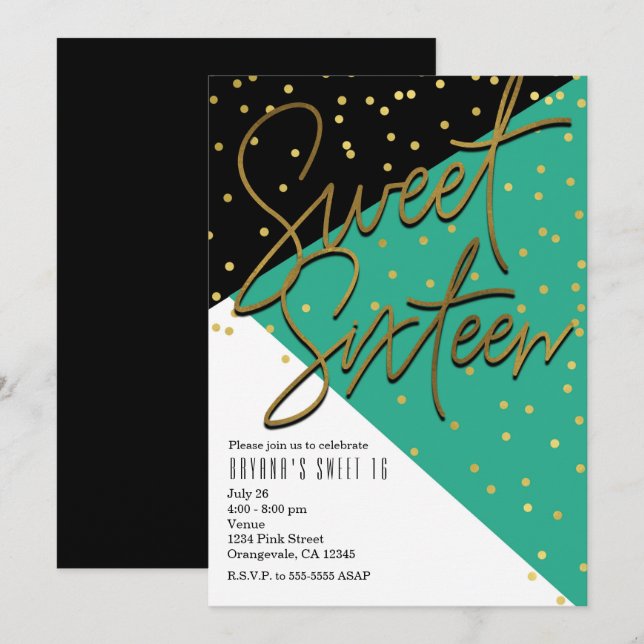 Cartes d'invitation Sweet 16 sarcelle noir or bloc (Devant / Derrière)