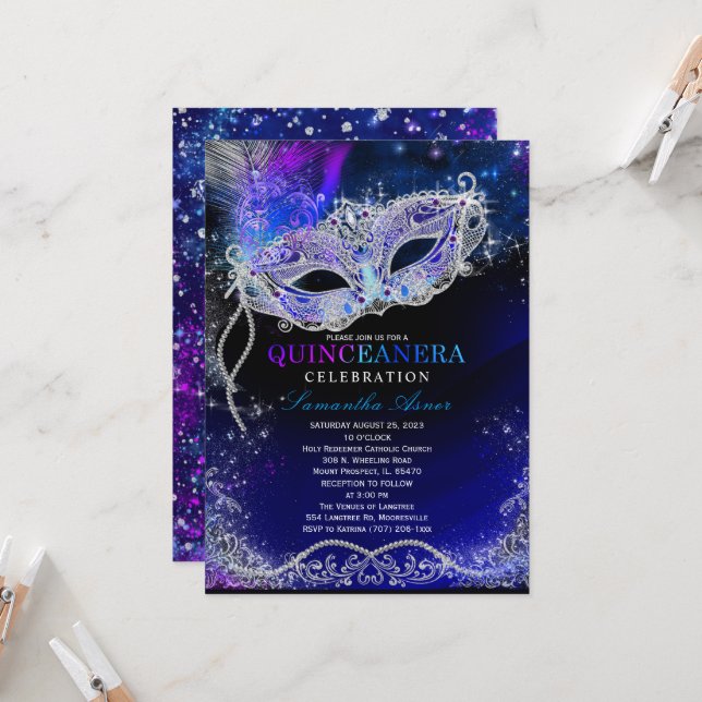 Cartes d'invitation thème Quinceanera Nuit étoilée (Devant/Arrière en situation)
