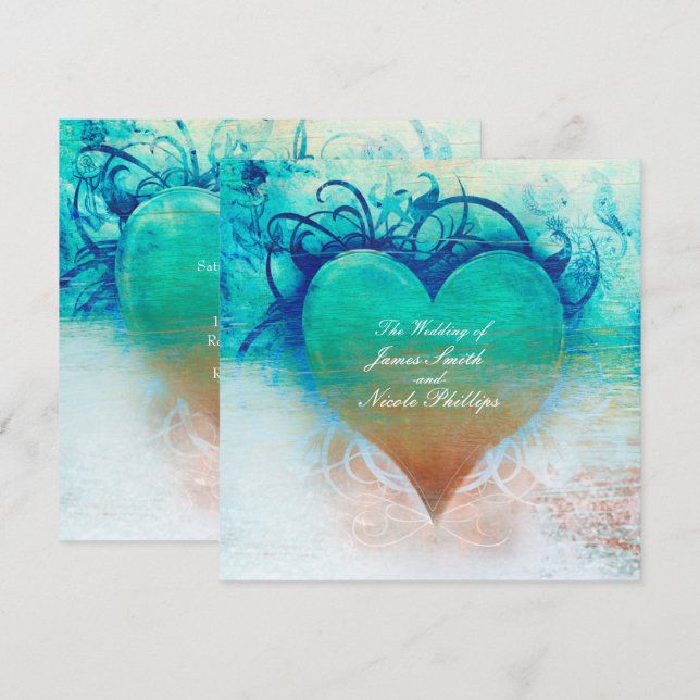 Cartes d'invitation tropicales Cœur bleu océan Pla (Devant / Derrière)