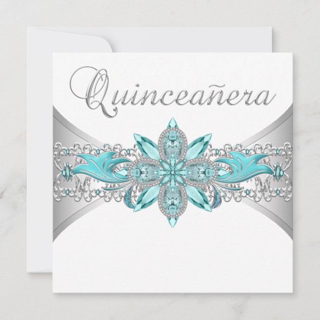Cartes d'invitation Turquoise Bleu Argent pour Qui (Devant)