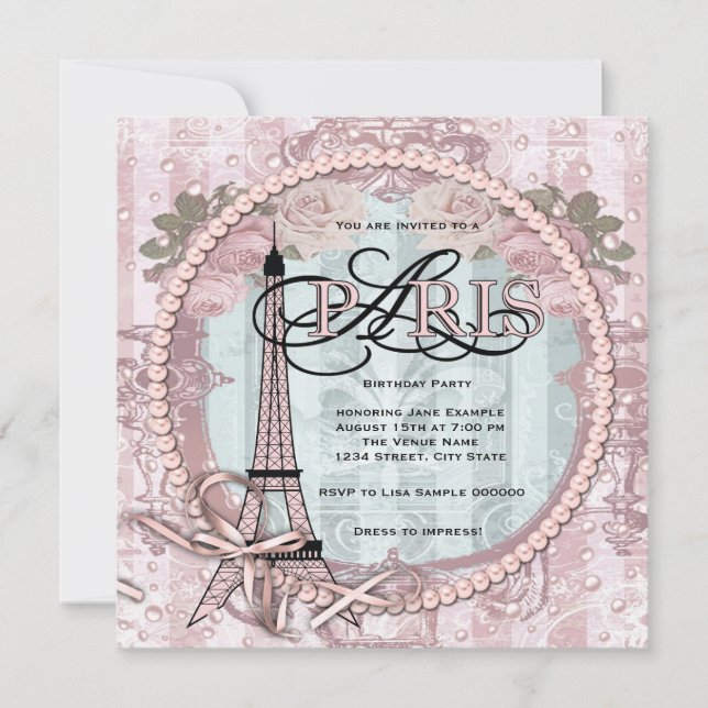 Cartes d'invitation vintage rose pour fête d'anniv (Devant)