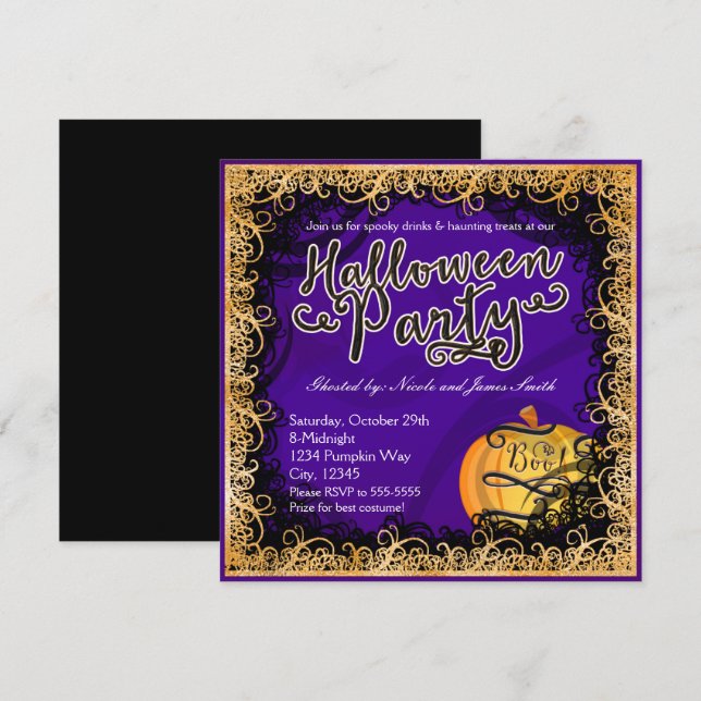Cartes d'invitation violettes et orange pour fête  (Devant / Derrière)