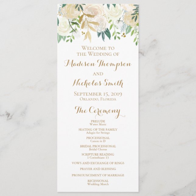 Cartes du programme de mariage aux fleurs d'or et  (Devant)