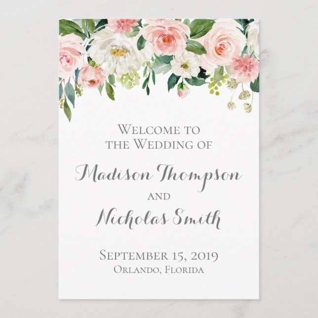 Cartes du programme de mariage rose et blanc aux f (Devant)