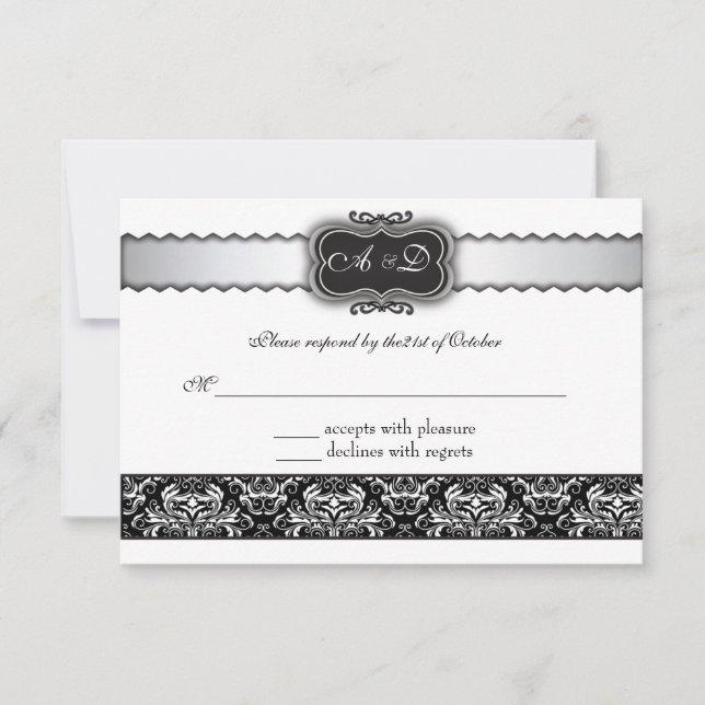 Cartes élégantes Black Damask et Silver RSVP (Devant)