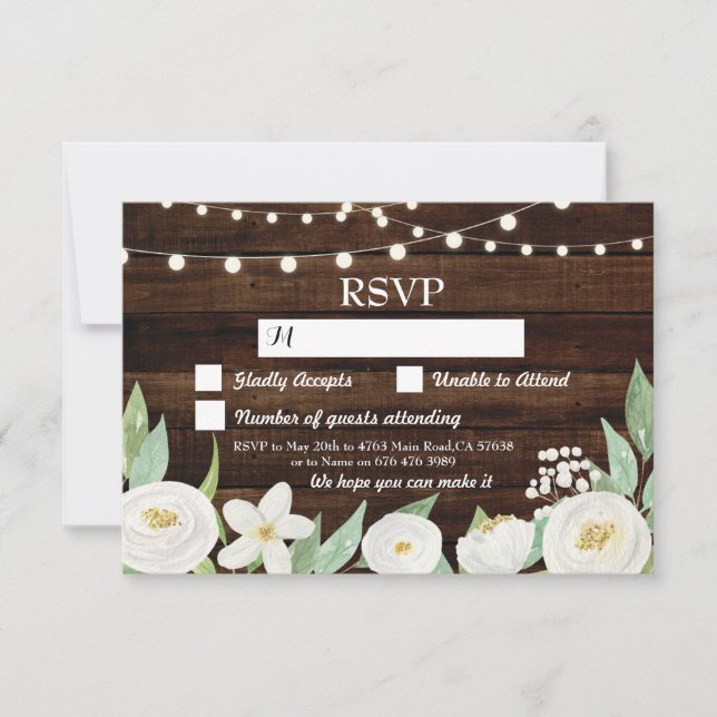 Cartes en bois Mariage RSVP Fleurs rustiques Invit (Devant)