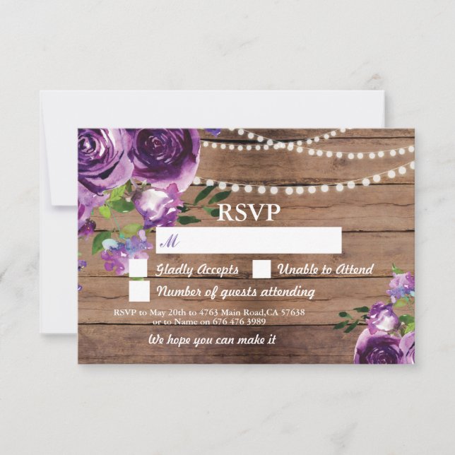 Cartes en bois Mariage RSVP Fleurs violettes Invit (Devant)