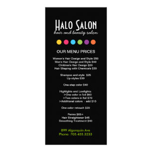 Cartes en rack du menu du salon de cheveux