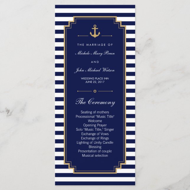 Cartes en rack du programme de mariage bleu nautiq (Devant)