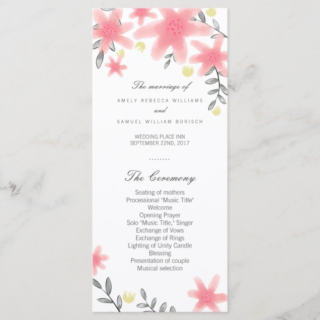 Cartes en rack du programme de mariage floral rose (Devant)