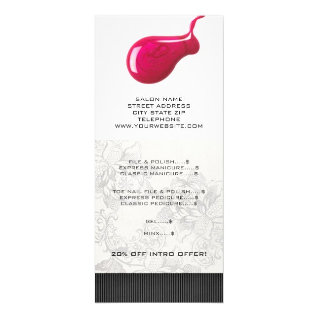 Cartes en rack du tarif du salon à ongles (Devant)