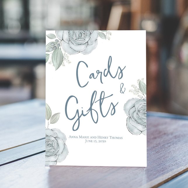 Cartes et cadeaux floraux mariages élégants (Cards and Gifts wedding tabletop sign with dusty blue flowers)