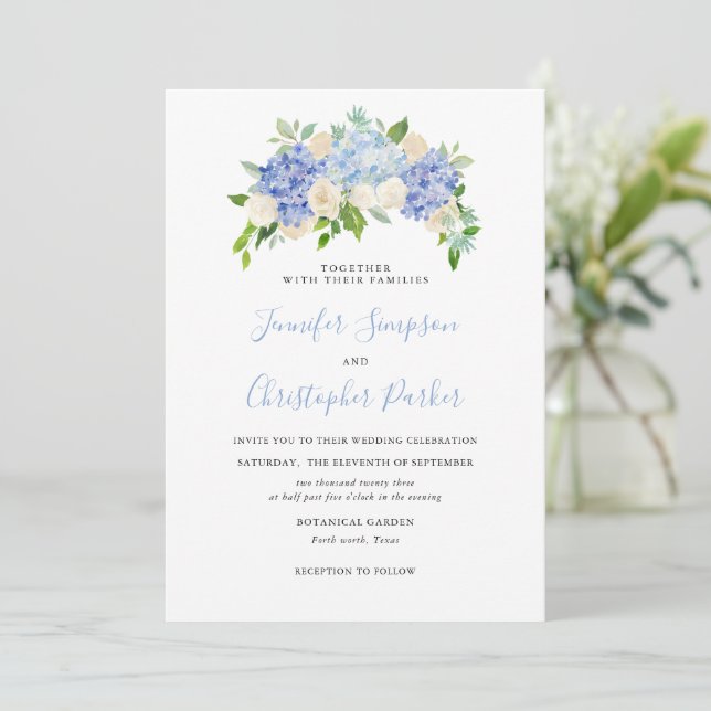 Cartes Faire-part de mariage Hydrangea Blue Waterc (Debout devant)