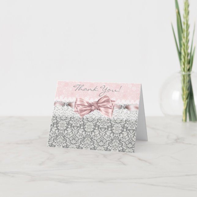 Cartes Gris Rose Damask Rose et Gris Merci (Devant)