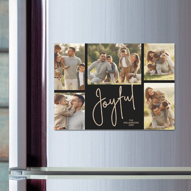 Cartes magnétiques de collage de photos de Noël JO (JOYFUL script on black Christmas photo collage holiday magnetic cards)