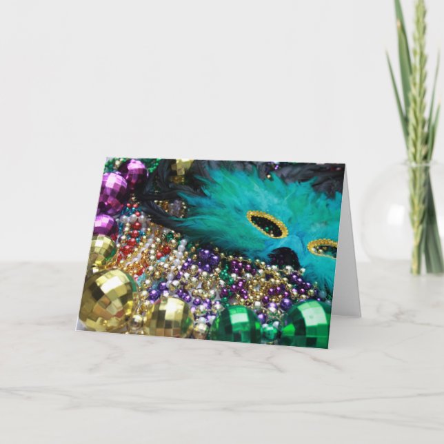 Cartes Mardi Gras Beads & Green Feather Mask Card (Devant)