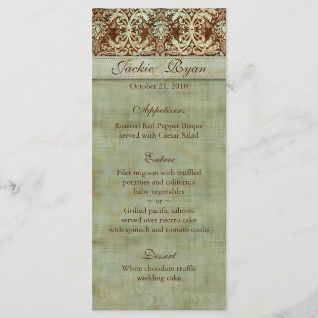 Cartes mariage Menu Damask Brown Vert Vintage (Devant)