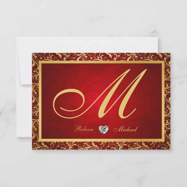 Cartes Monogram Damask Red / Gold RSVP (Devant)