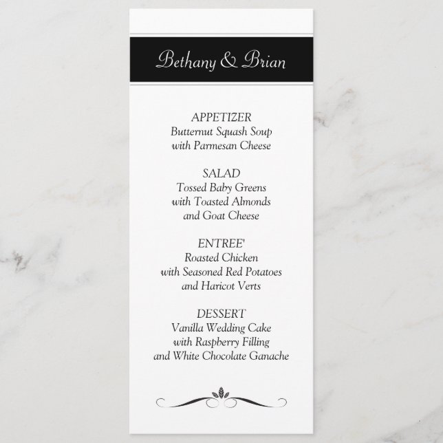 Cartes noires et blanches de menu de réception (Devant)