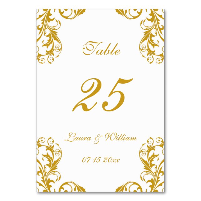 Cartes Numéro de table mariage | Gold Damask Desig (Par défaut)