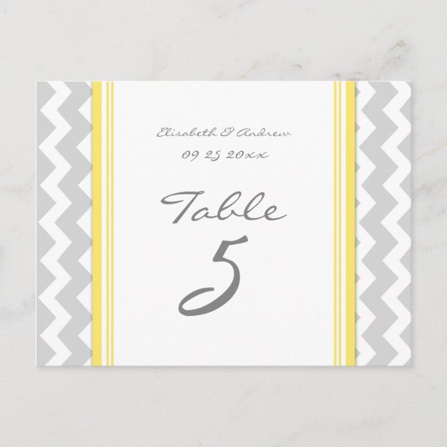 Cartes Numéro de table mariage Gris Jaune Chevron (Devant)