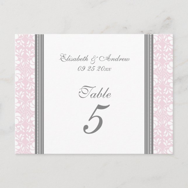 Cartes Numéro De Table mariage Rose Grey Damask (Devant)