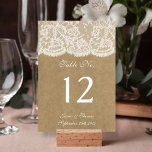 Cartes Numéro de tableau de la collection Kraft &<br><div class="desc">La collection Kraft & dentelle est un design époustouflant qui présente un bel arrière - plan rustique à effet papier Kraft avec un habillage vintage romantique en dentelle blanche. Ces cartes de numéro de table peuvent être personnalisées pour votre occasion spéciale et rendraient la pièce centrale parfaite pour votre mariage,...</div>