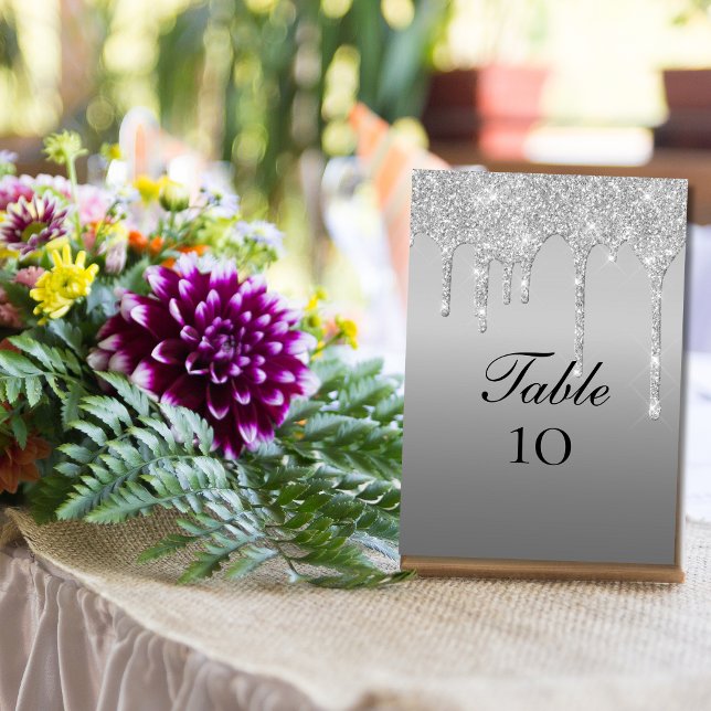 Cartes Numéro de tableau du Mariage de la Parties  (Silver Dripping Glitter Elegant Wedding Table number Cards)
