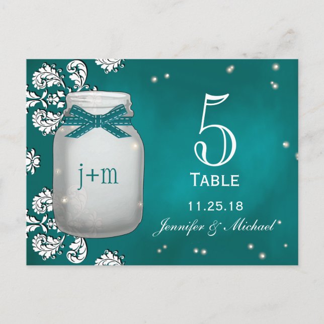 Cartes Numéro de tableau turquoise Mason Jar avec  (Devant)