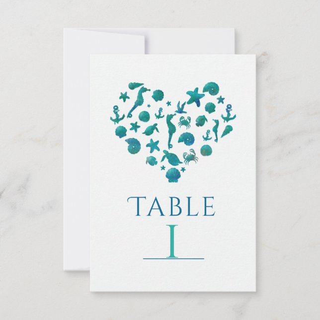 Cartes numérotées de table en aquarelle sarcelle T (Devant)