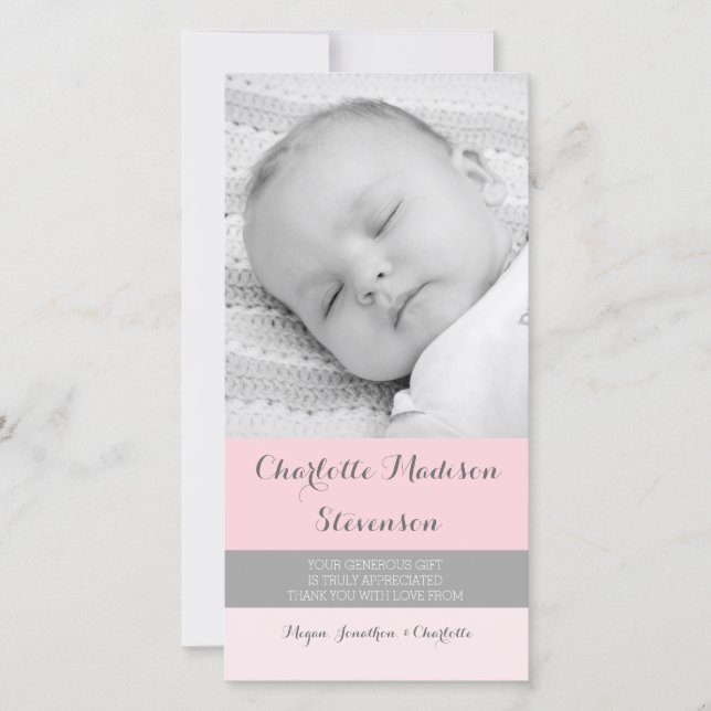 Cartes photos gris roses de baby shower de Merci (Devant)