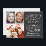 Cartes plates de 3 photos de Vacances Joyeuses sur<br><div class="desc">Joyeuses Fêtes de notre maison à la vôtre… Cartes de vœux plates amusantes et festives avec trois cadres photo. Style tableau noir tendance avec fond noir, fioritures, volutes, flocons de neige, houx, pin et ressorts de baies créent un cadre hivernal fantaisiste avec une typographie rétro élégante et lettrage calligraphique à...</div>