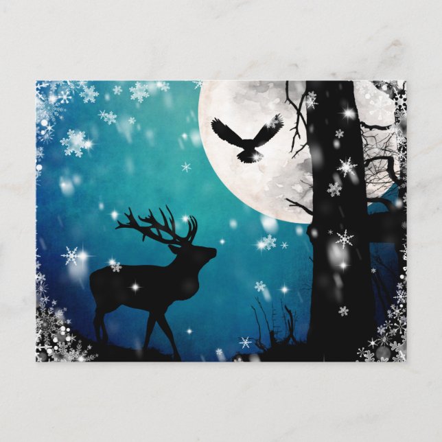 Cartes postale Cerf de l'hiver Lune Hiboux | Forêt (Devant)