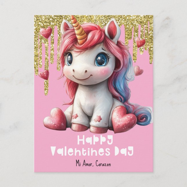 Cartes postales Coeurs Valentines Day Unicorn rose (Devant)