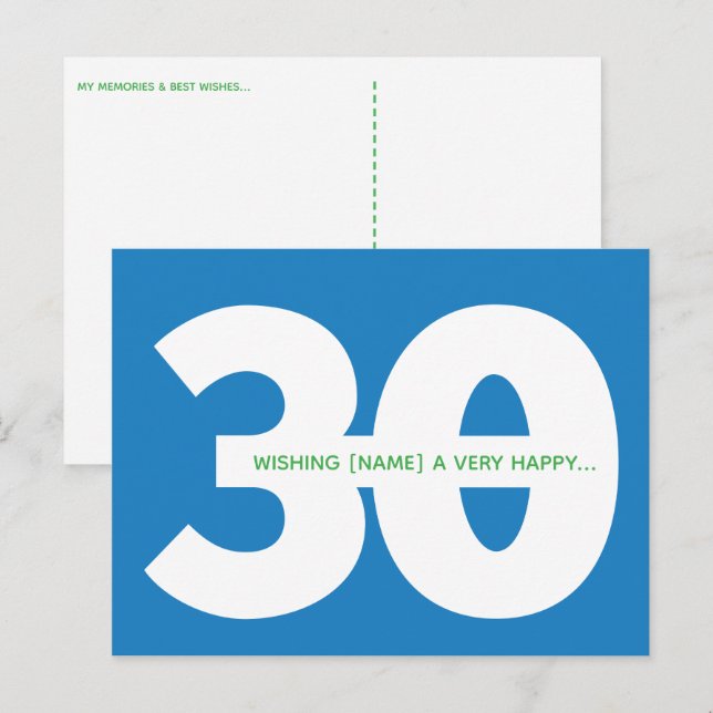 Cartes postales commémoratives pour 30 ans en bleu (Devant / Derrière)