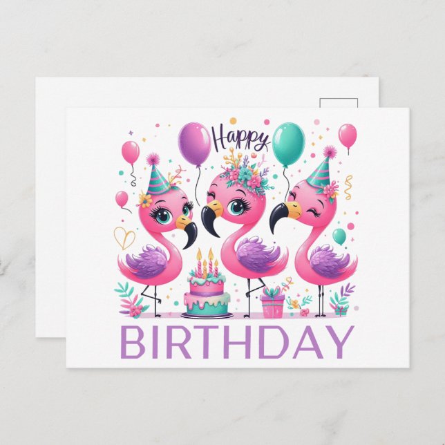 Cartes postales d'anniversaire flamants roses mign (Devant / Derrière)