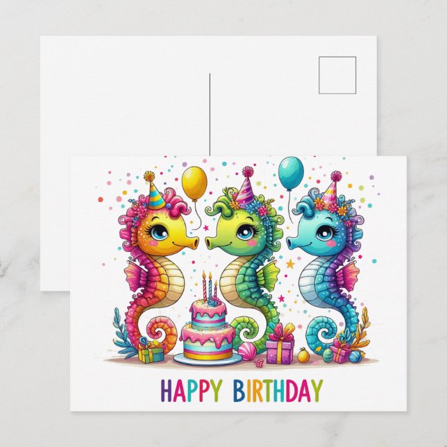 Cartes postales d'anniversaire mignonnes hippocamp (Devant / Derrière)